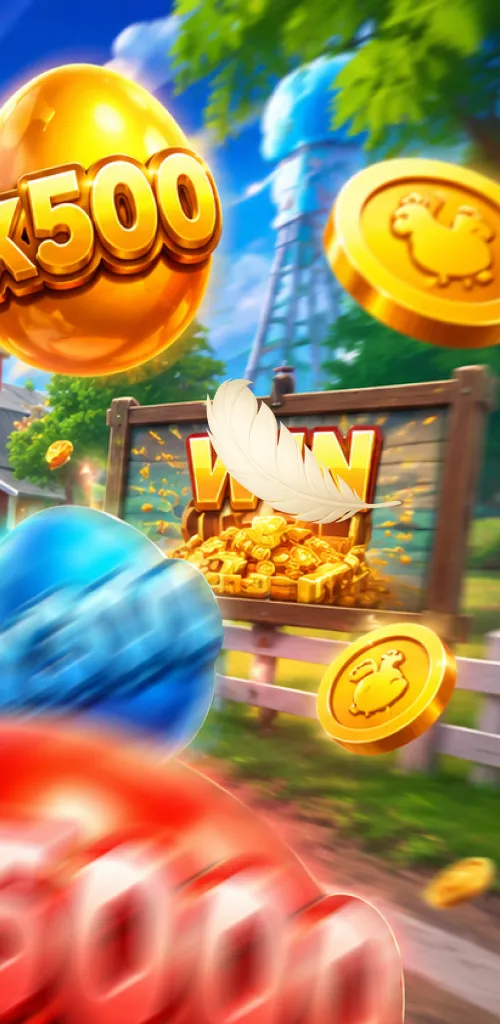 Crazy Hen: goldene Eier vor einer Farm mit Windrad und blauem Himmel.